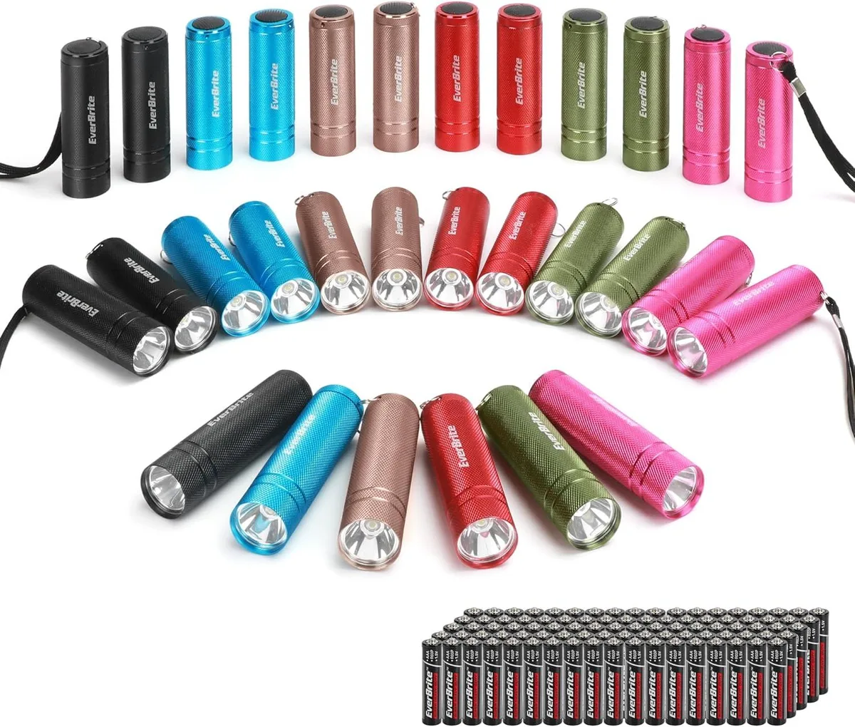 Thirty aluminium mini flashlights in six colours with lanyards and ninety AAA batteries