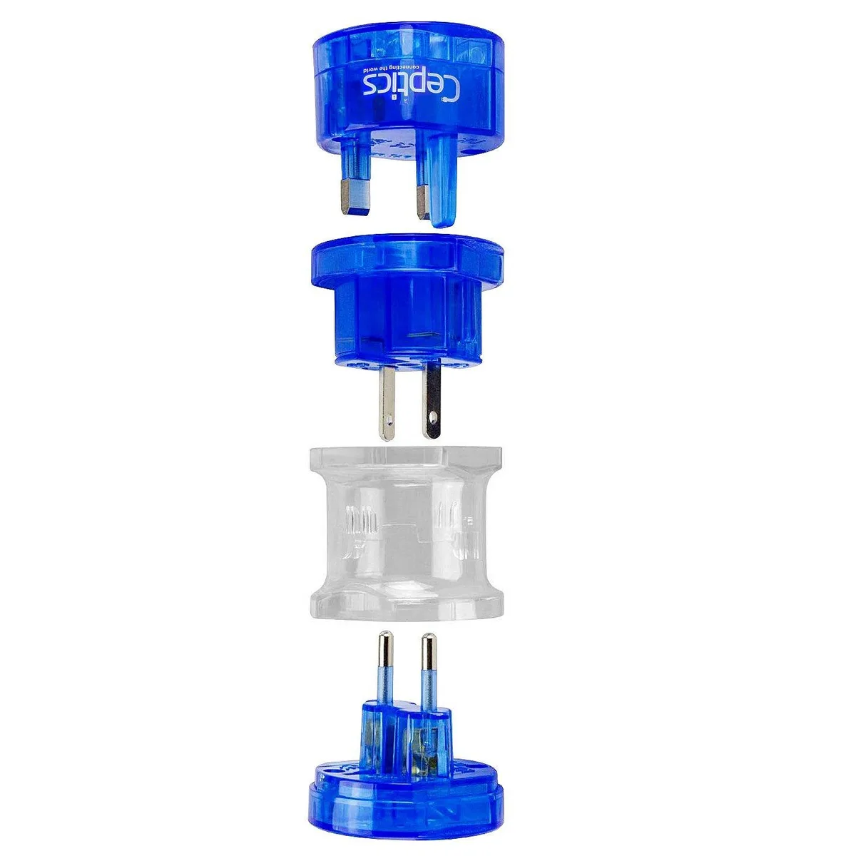 Compact blue travel adapter with sliding plug pins, 3 by 2 by 2 inches