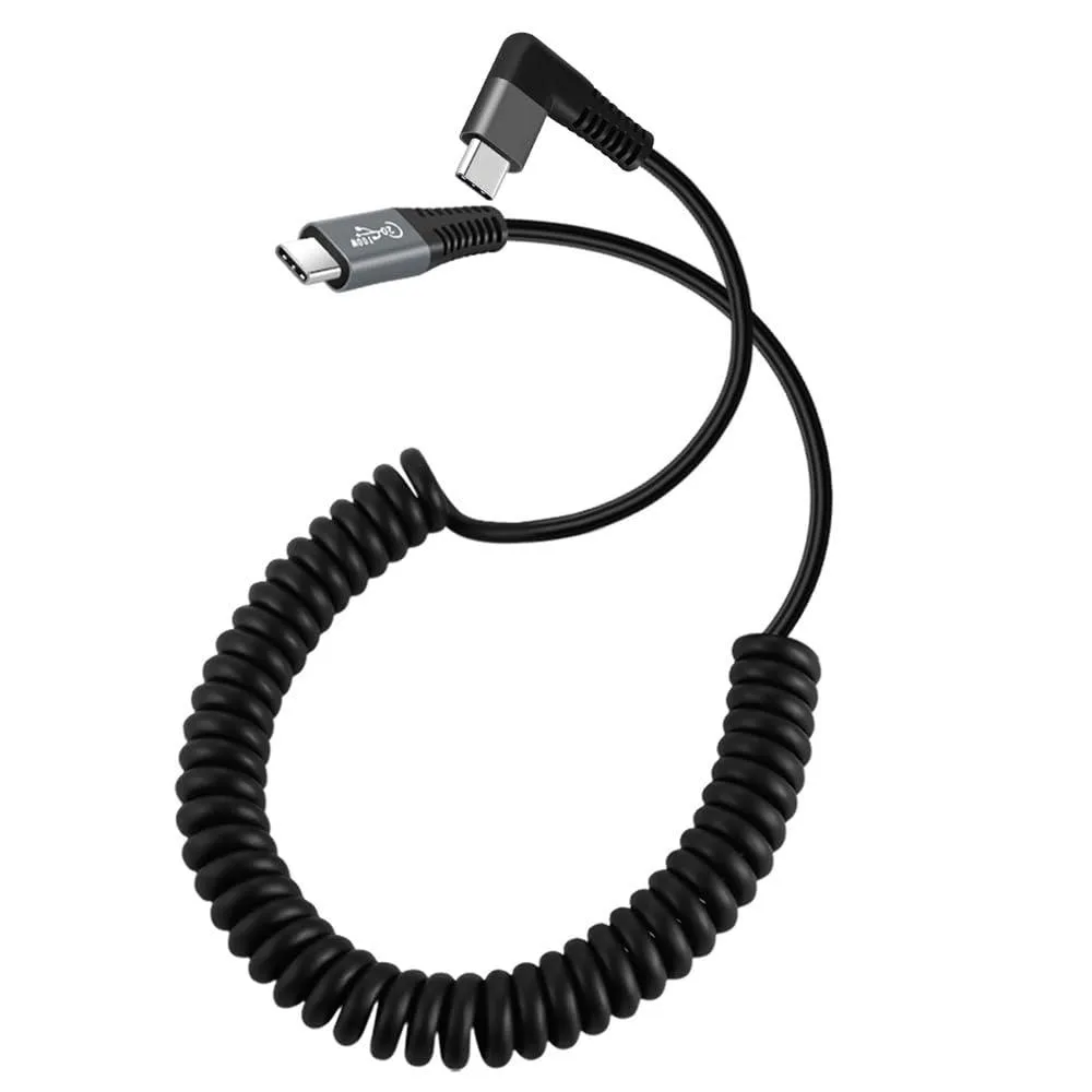 Black coiled USB-C cable with right-angled connectors, stretched to 1.8 metres