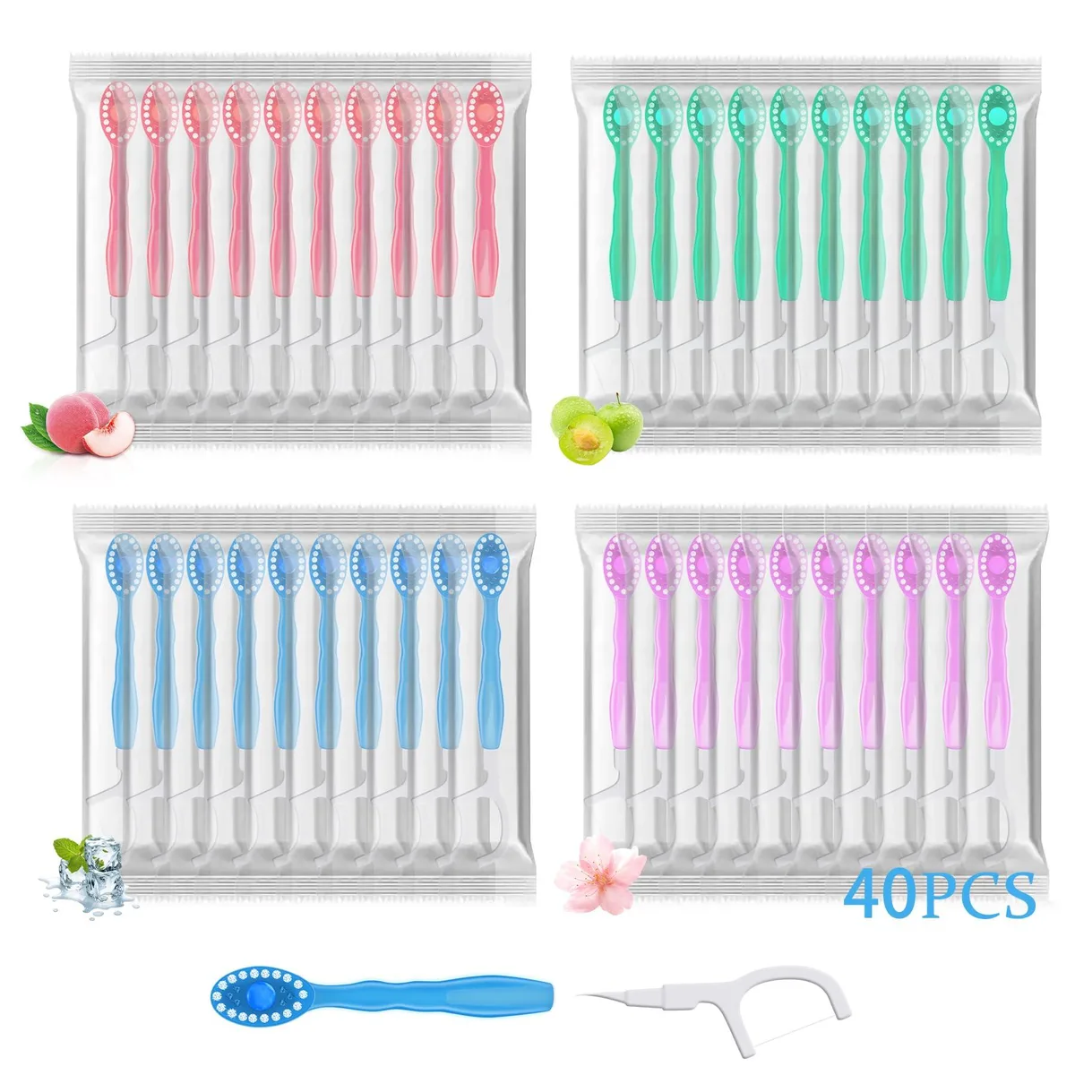 Box of 40 colourful disposable mini toothbrushes with floss pick and tongue scraper