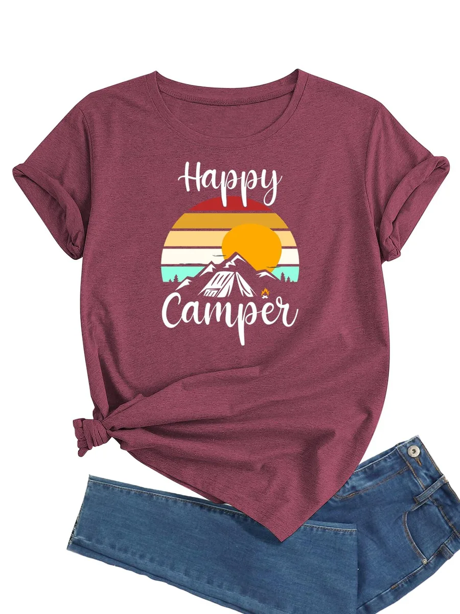 J&DHUASHA Happy Camper Graphic T-Shirt TS26 Wine Red L — product photo