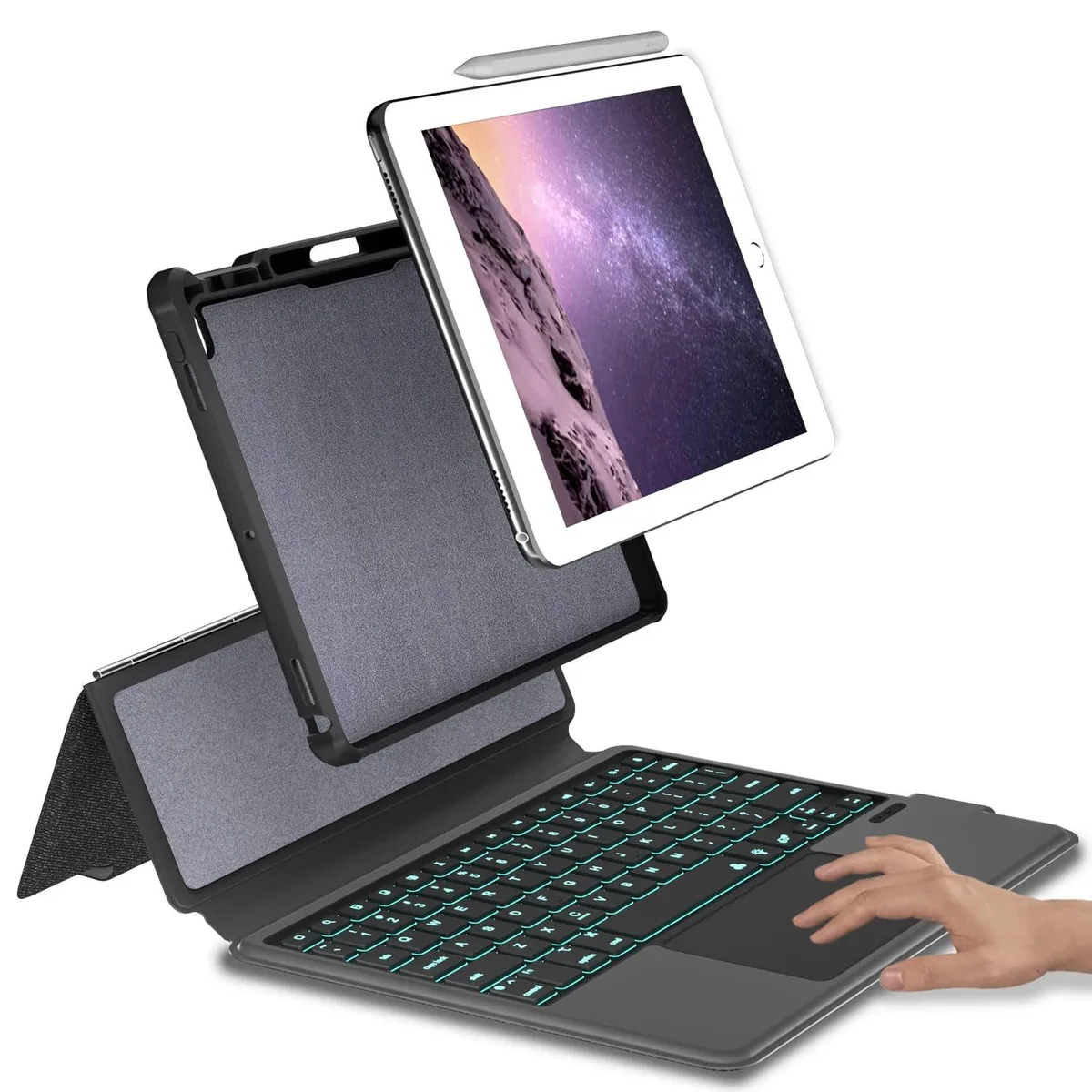 Black keyboard case with detachable backlit keys and trackpad for 9.7 inch iPad