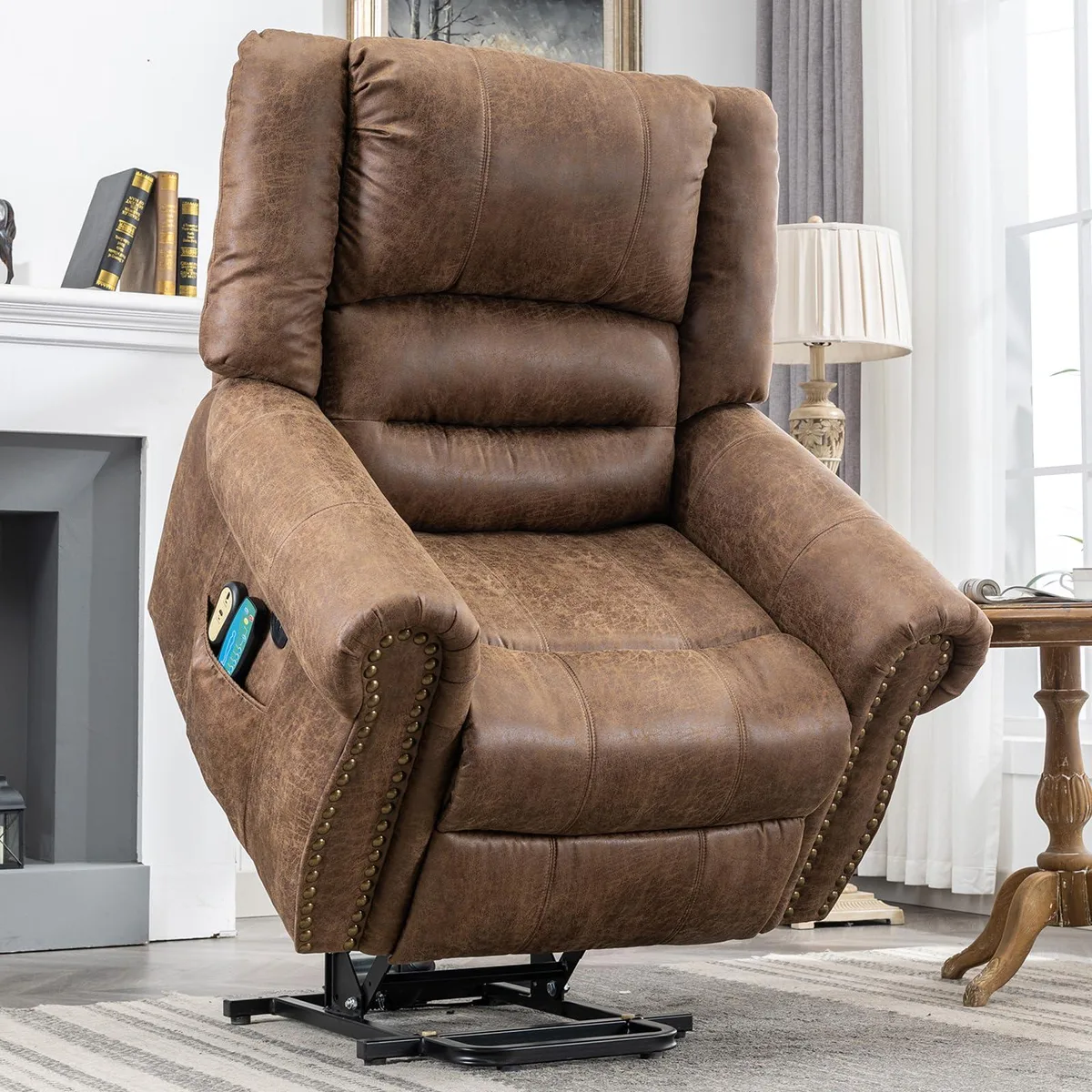 Brown power lift recliner with massage heat and USB ports