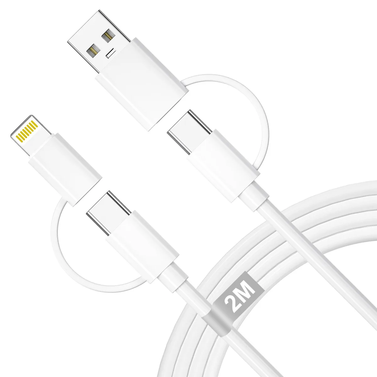 White 4-in-1 multi-charger cable with USB-C, USB-A and Lightning connectors, 6.6 ft long