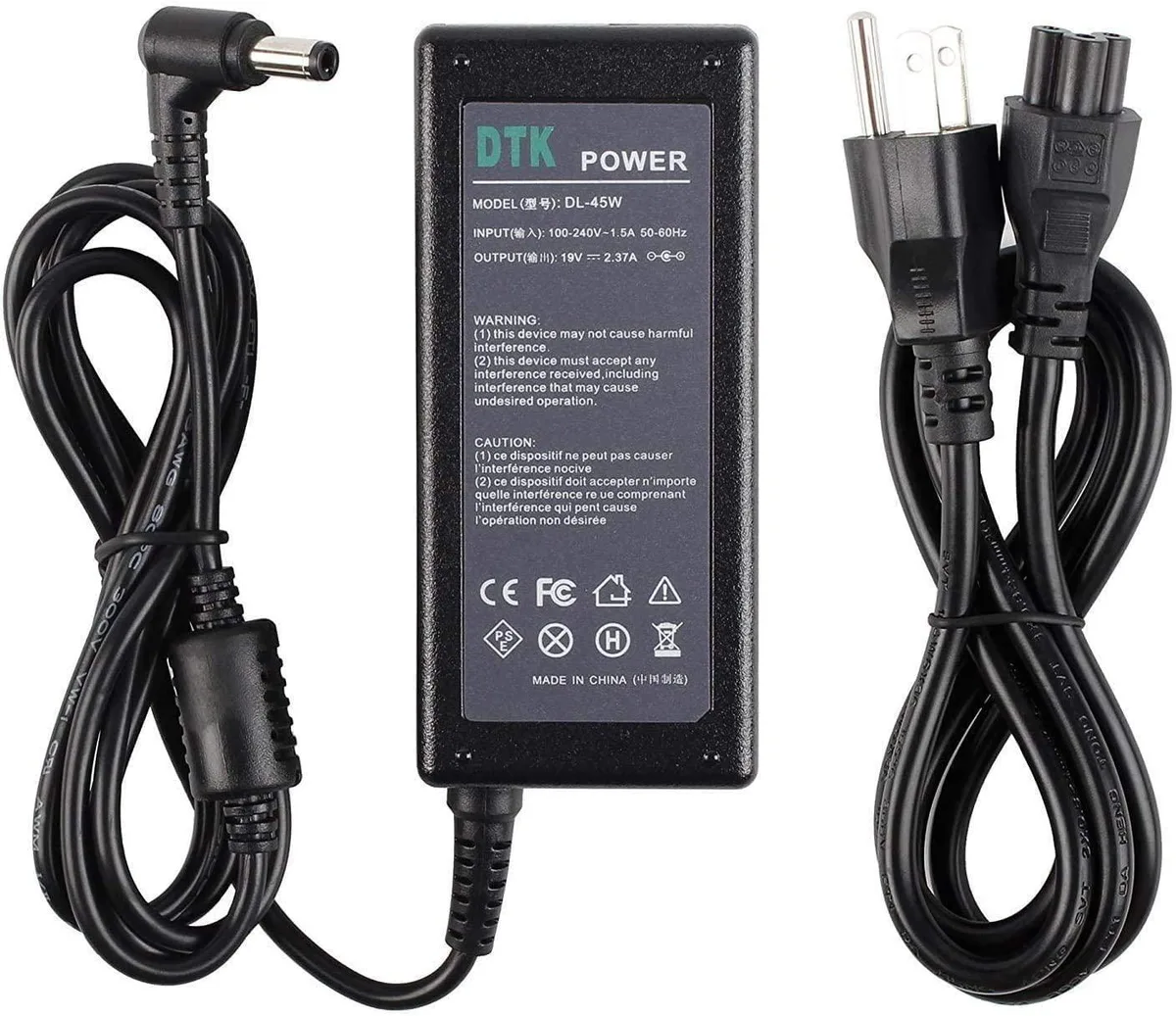 Black rectangular AC adapter with 5.5 by 2.5mm barrel connector and long power cord
