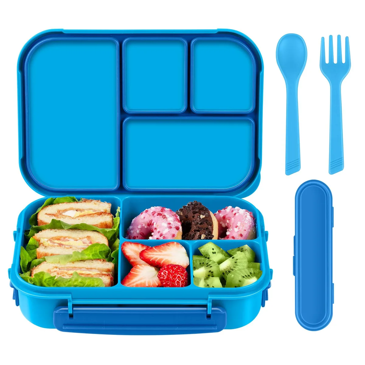 Blue rectangular bento box with four compartments and built-in cutlery