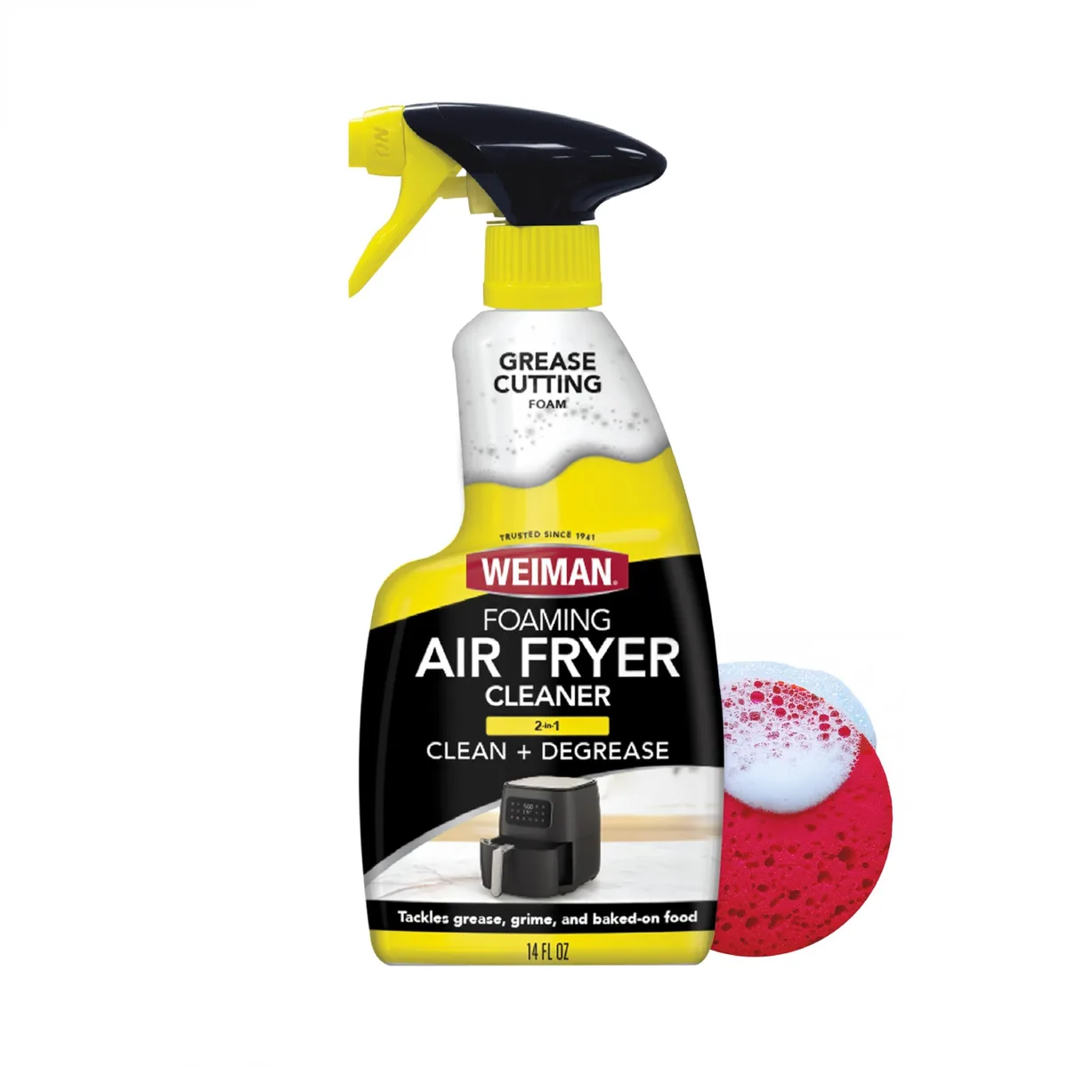 Blue aerosol can with non-abrasive sponge on white background