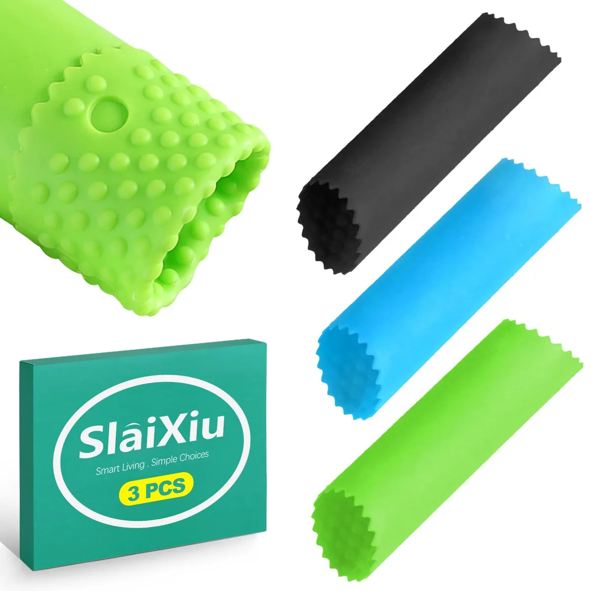 Three silicone garlic peeler rollers with multi-coloured dots