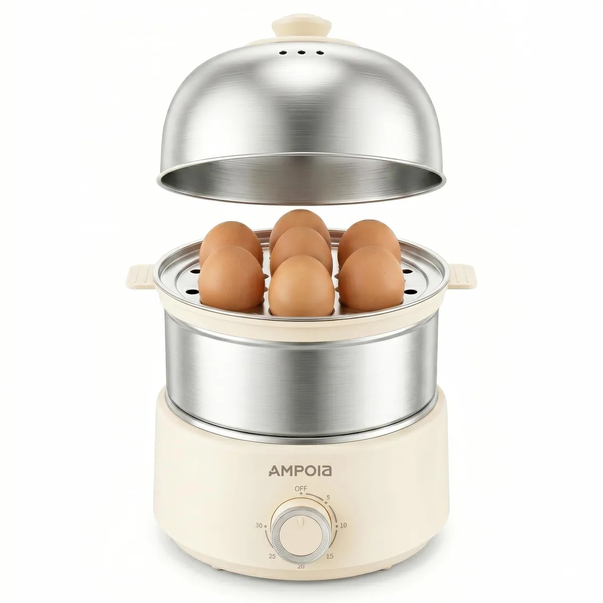  AMPOIA 14 Egg Cooker 350W 30-Min Timer Stainless Steel Beige — product photo