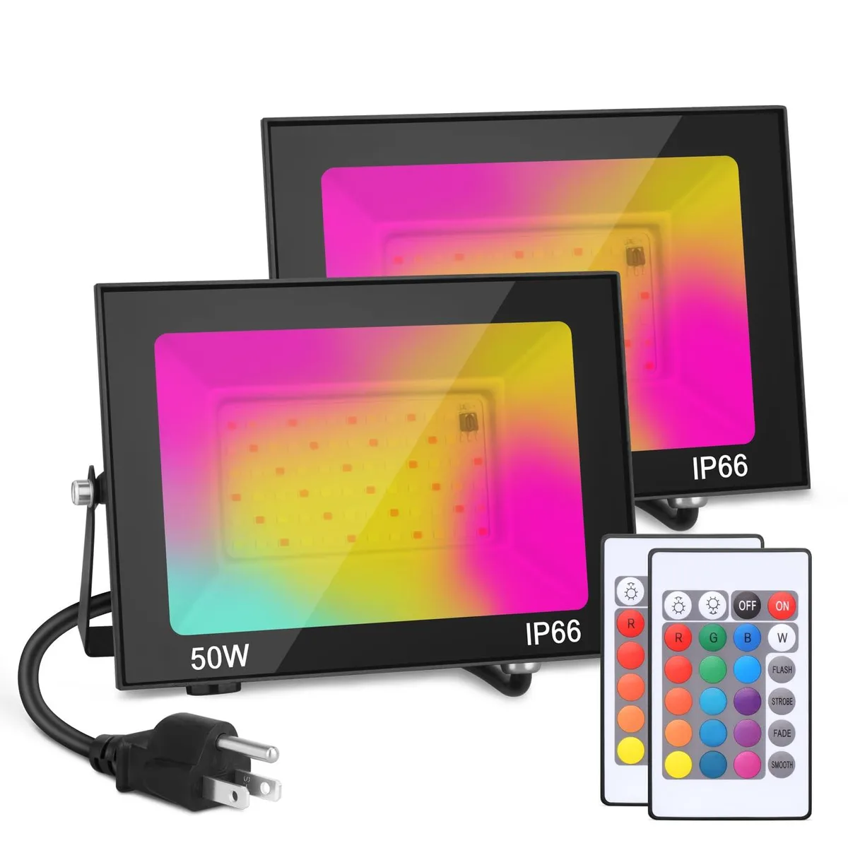 Two black rectangular flood lights with adjustable brackets and a plug