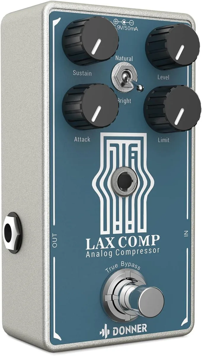 Compact silver compressor pedal with four black knobs and a toggle switch