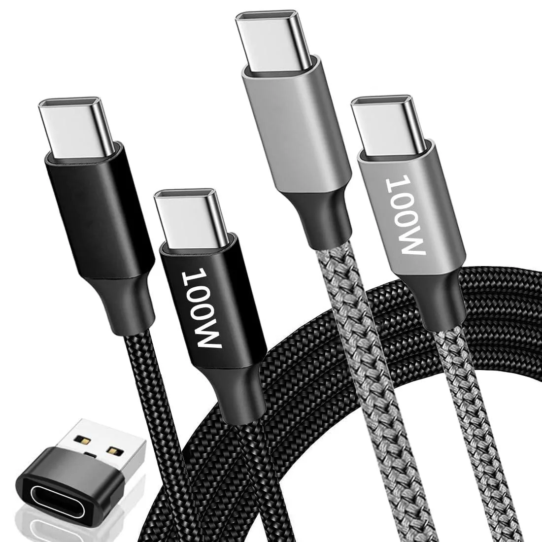 Two braided USB-C cables, three-foot and six-foot lengths, dark grey nylon finish
