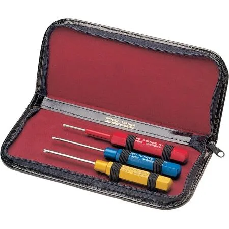 Three stainless steel connector insertion tools in leather case, colour-coded yellow blue red