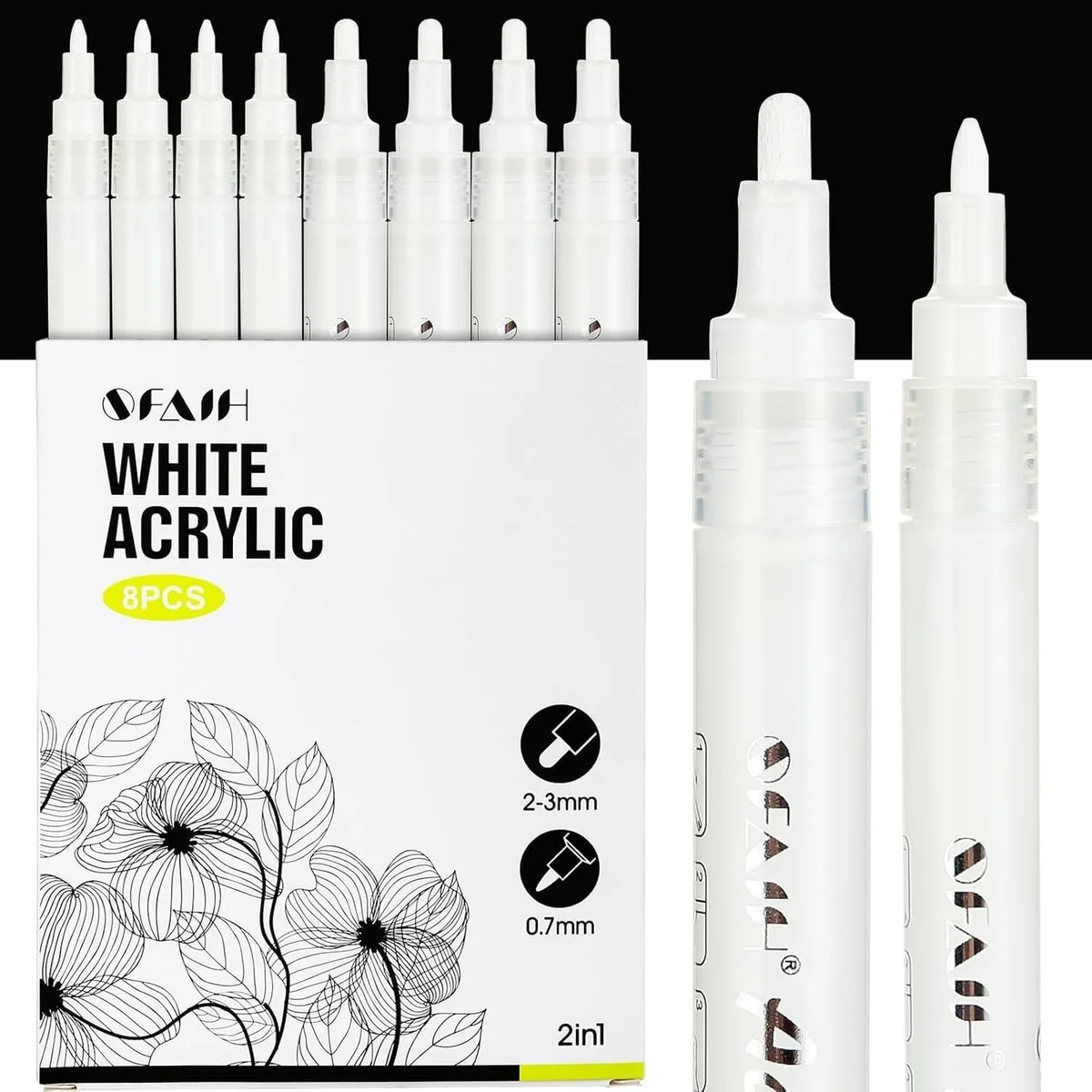  Acrylic White Paint Pens 8 Pack 0.7mm &amp; 2-3mm Tips — product photo
