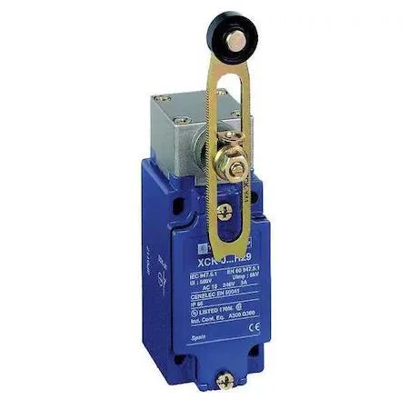White industrial limit switch with adjustable roller lever, rectangular body, side actuator visible