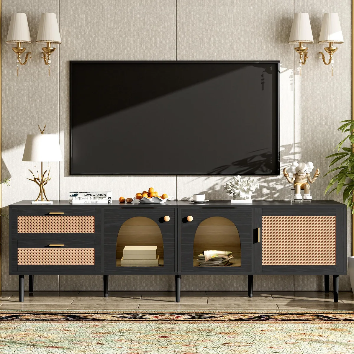 tuphen tuphen Rattan TV Stand 70.8in Black 3 Cabinets 2 Drawers LED Home Entertainment — product photo