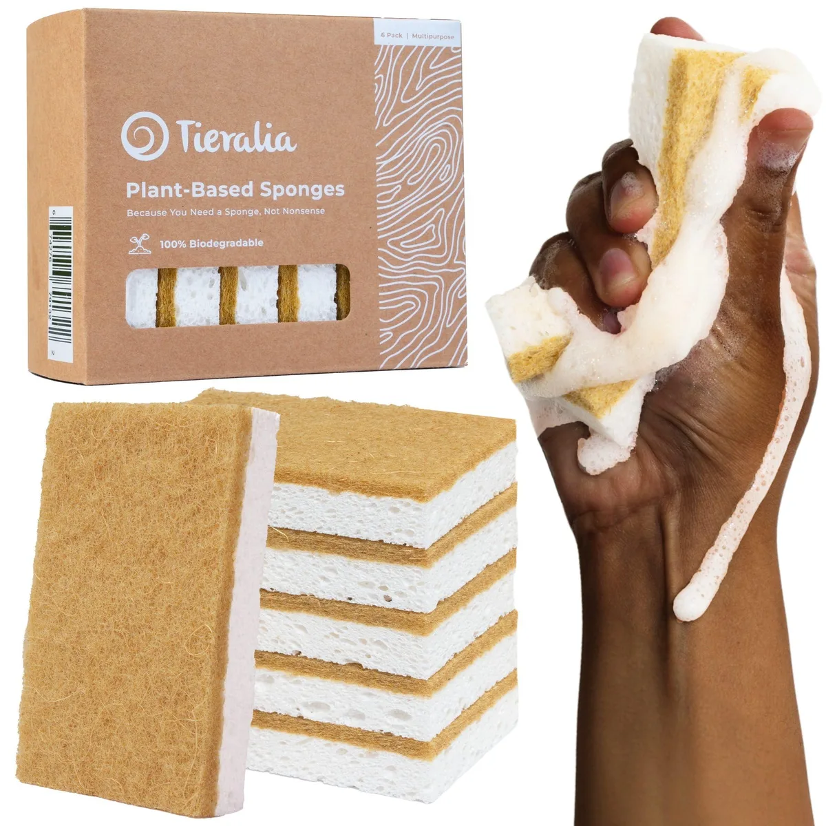 Six rectangular cellulose and sisal sponges, light beige with tan scrubber side