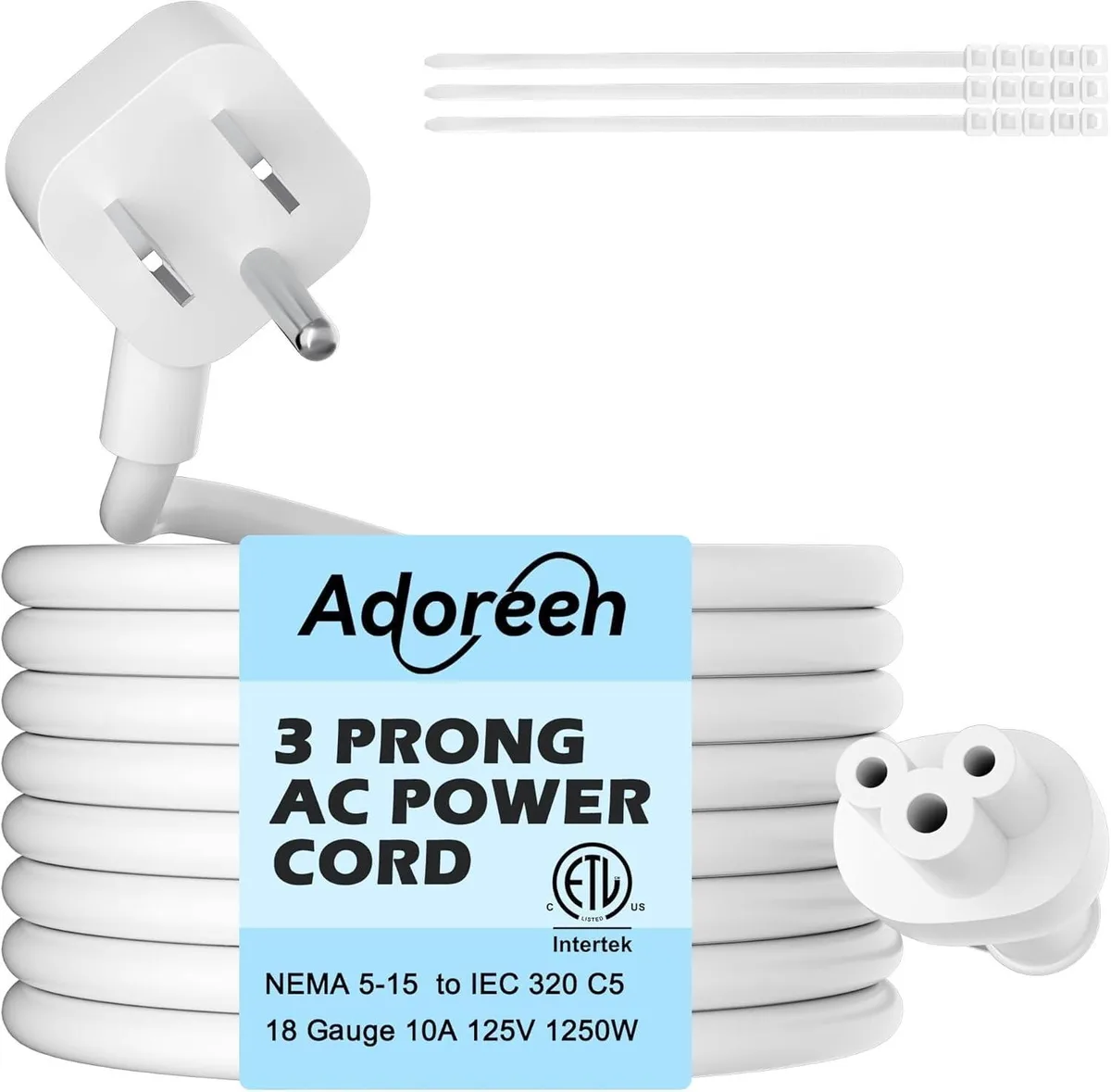 White 6 ft laptop power cord with 45-degree flat wall plug and C5 connector
