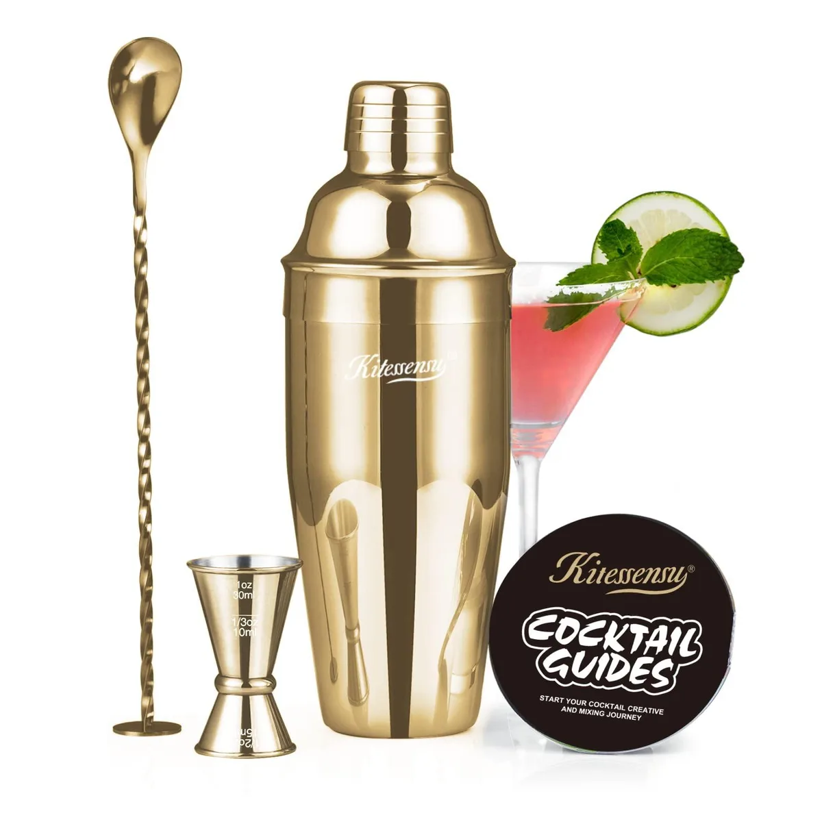 Gold stainless steel 6-piece cocktail shaker set with built-in strainer, jigger, spoon and recipe guide