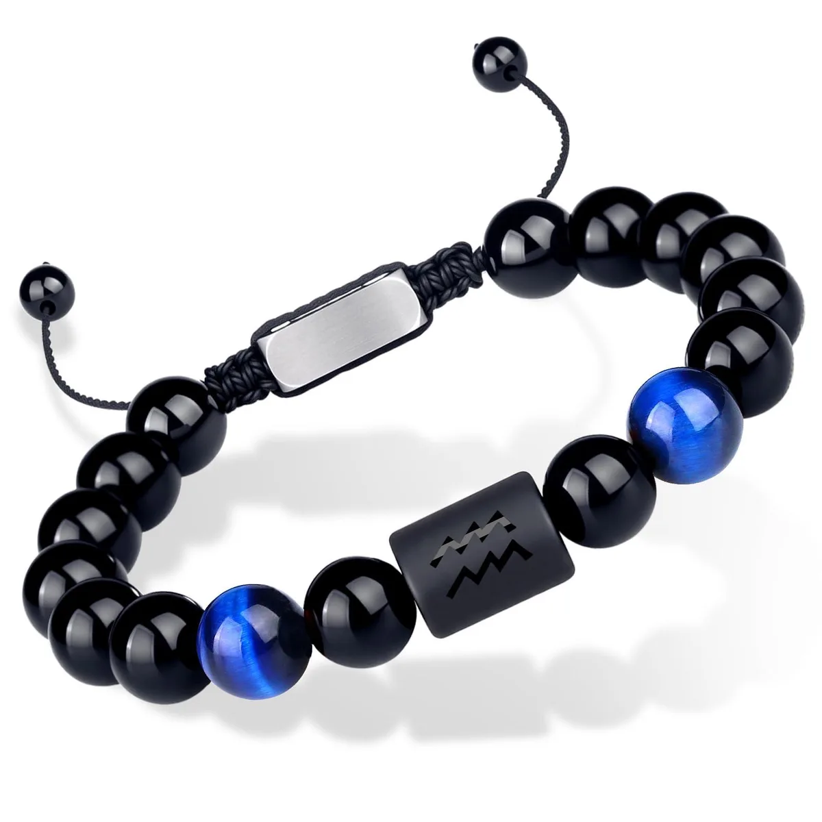 Aquarius-Blue zodiac bracelet with 10mm black onyx and tiger eye beads, cylinder charm, adjustable cord
