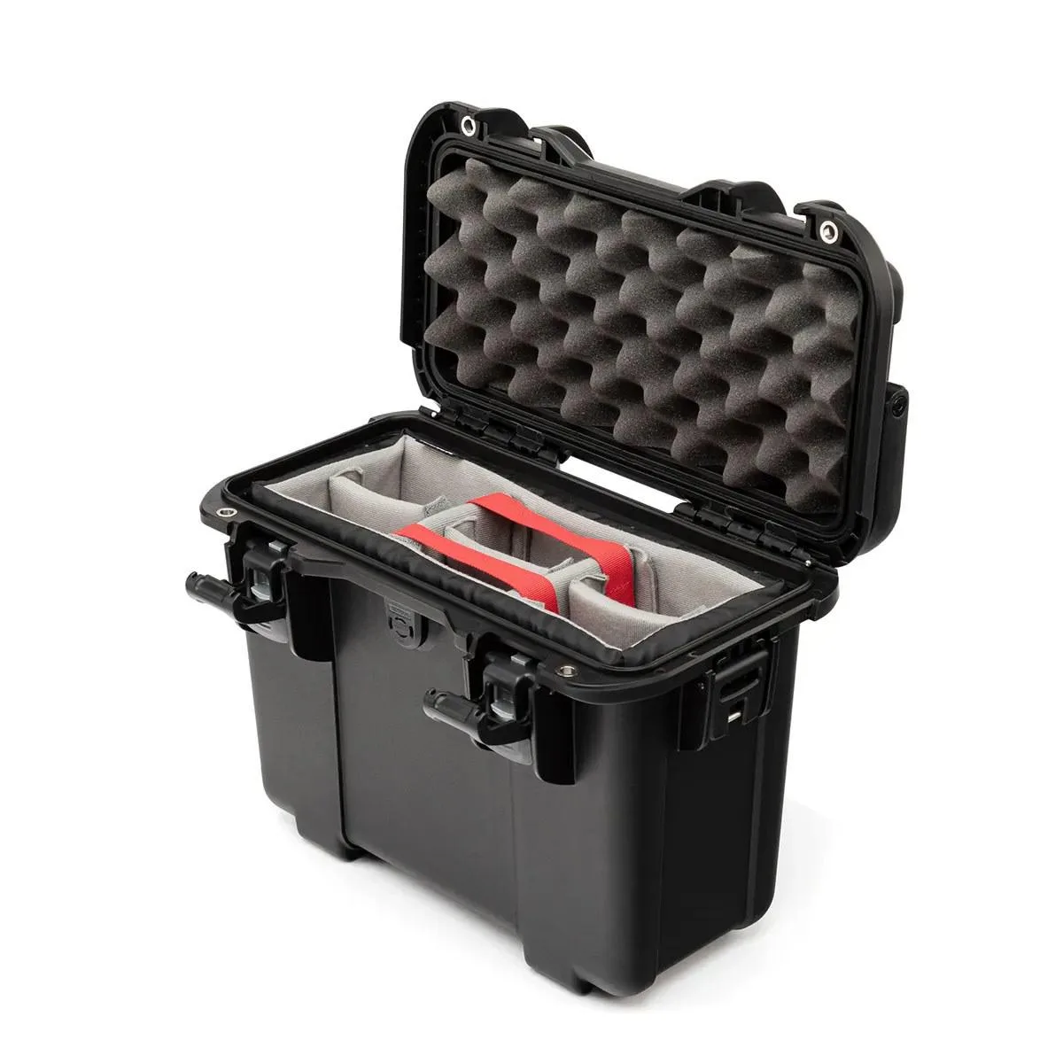 Black rectangular hard camera case with top lid and latch system