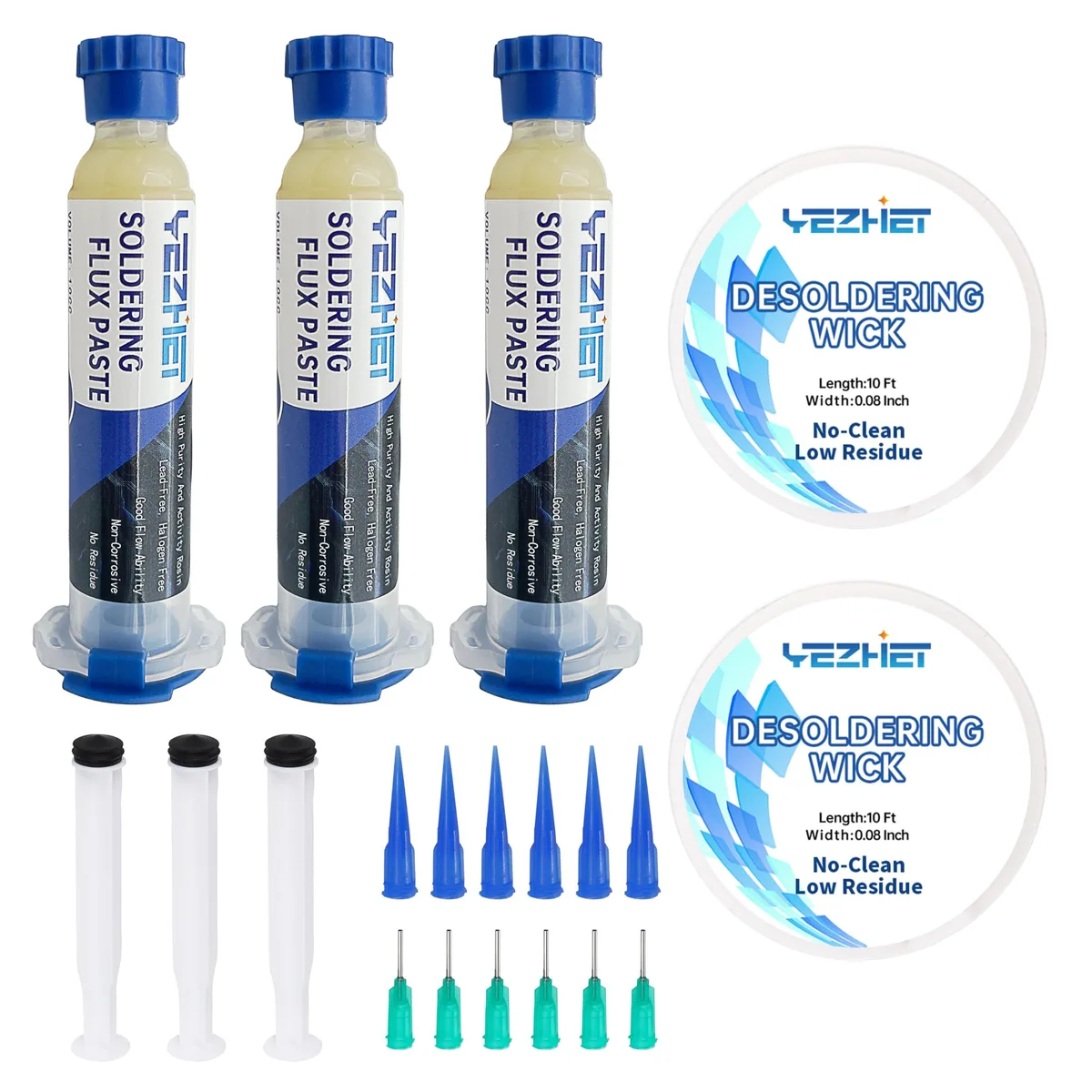 Three white 10 cc flux syringes with plungers and caps
