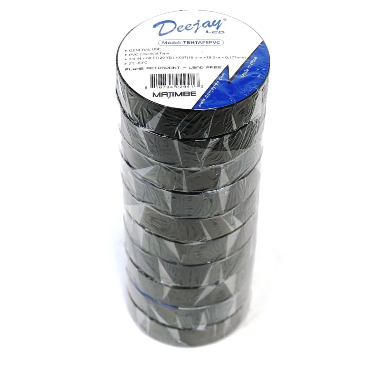 Ten rolls of black PVC electrical tape in a pack