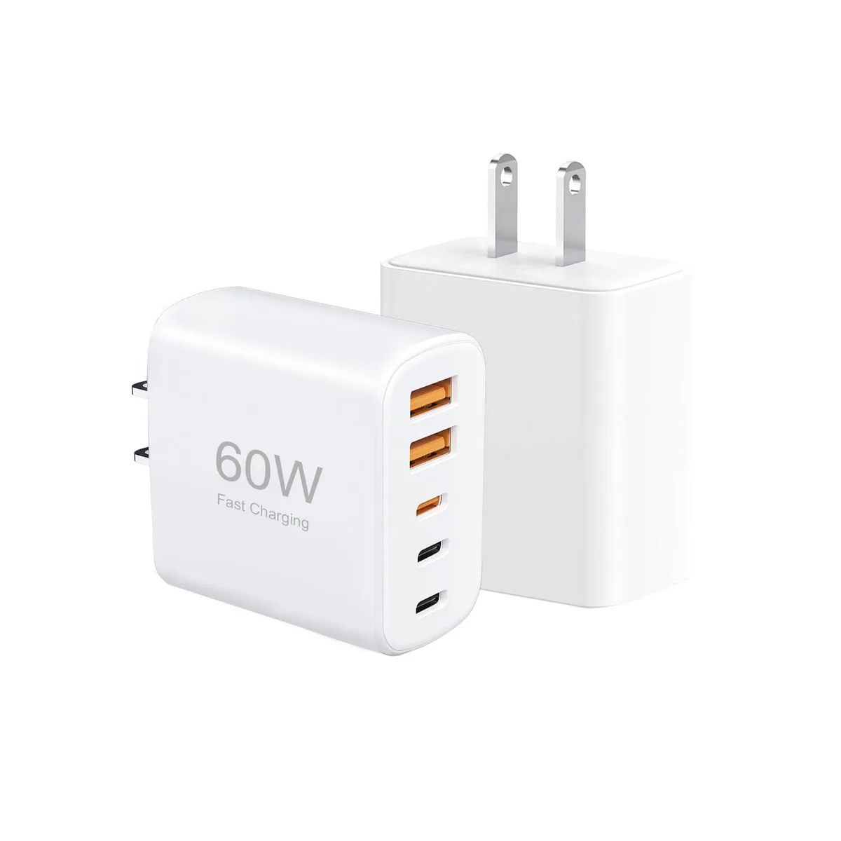Two compact white 60W wall chargers each with three USB-C and two USB-A ports