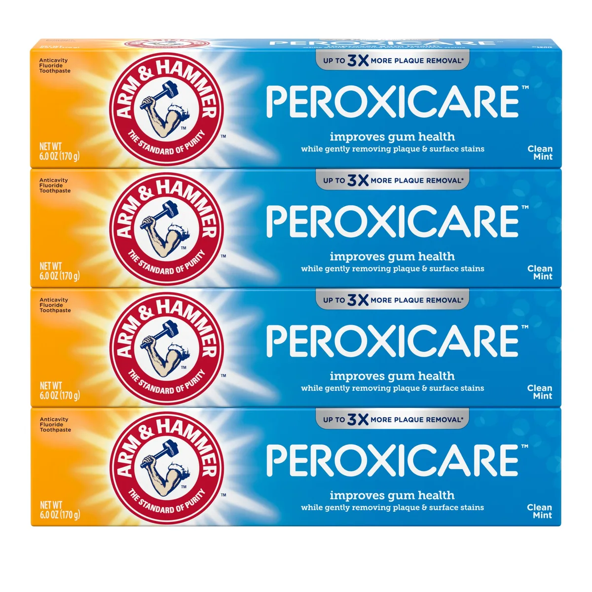 Four white 6.0 oz toothpaste tubes in a row