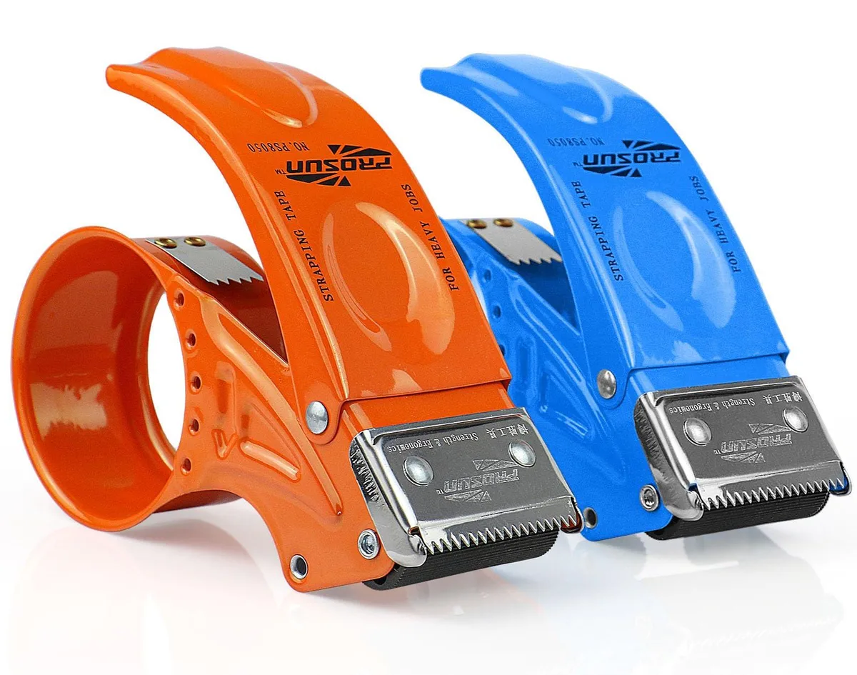Two handheld metal tape dispensers, orange and blue, matte finish