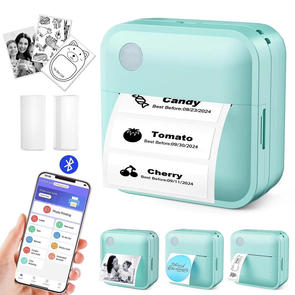 Compact green thermal label printer, rectangular with rounded edges, USB and Bluetooth, includes tape roll