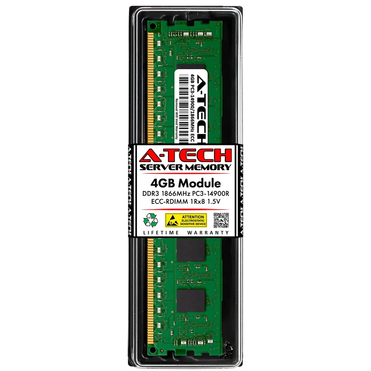 Green 240-pin DDR3 RDIMM module with black chips