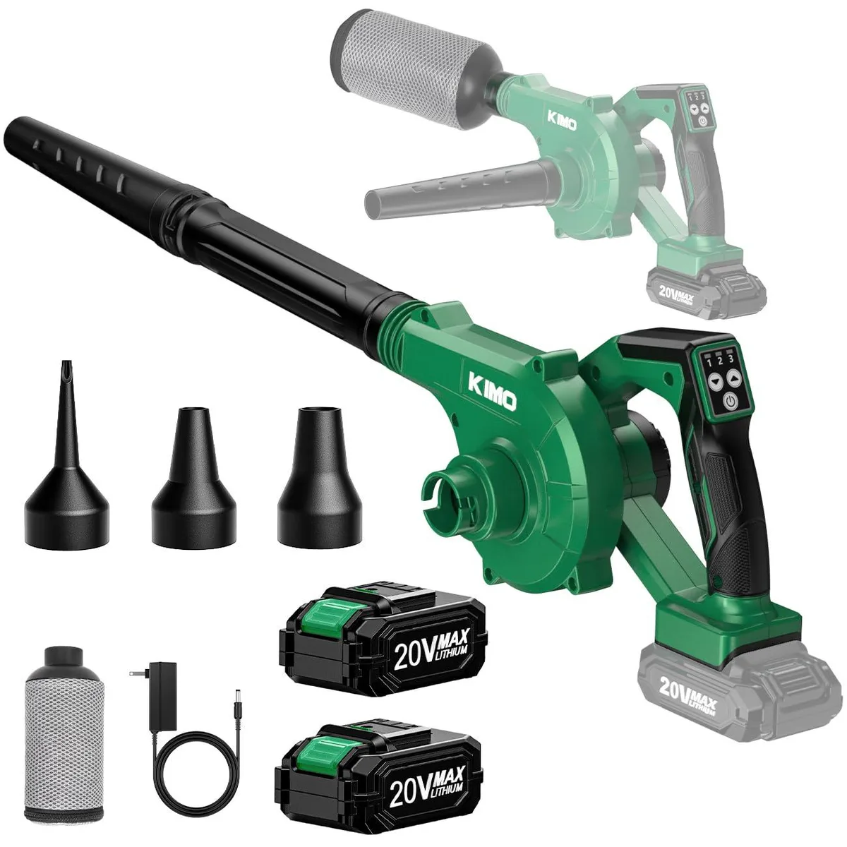 KIMO Cordless Leaf Blower 4-in-1 Vacuum Inflator Deflator 190MPH 2.0Ah Dual Battery 11pcs — product photo