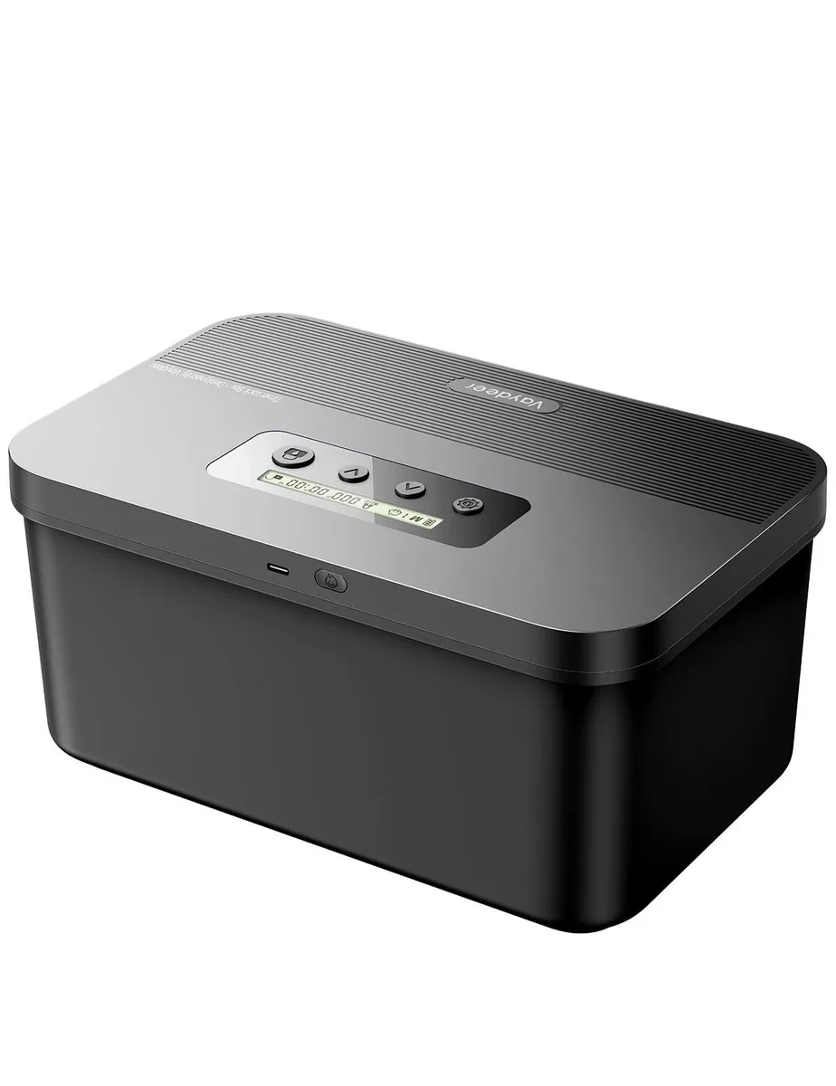Red rectangular timed lock box with digital timer display and charging slot