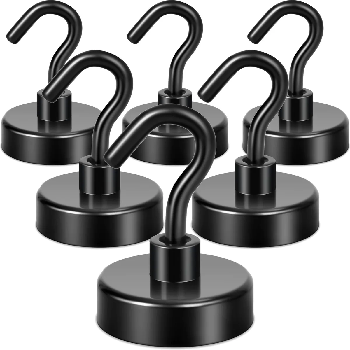 Six matte black magnetic hooks on a metal surface