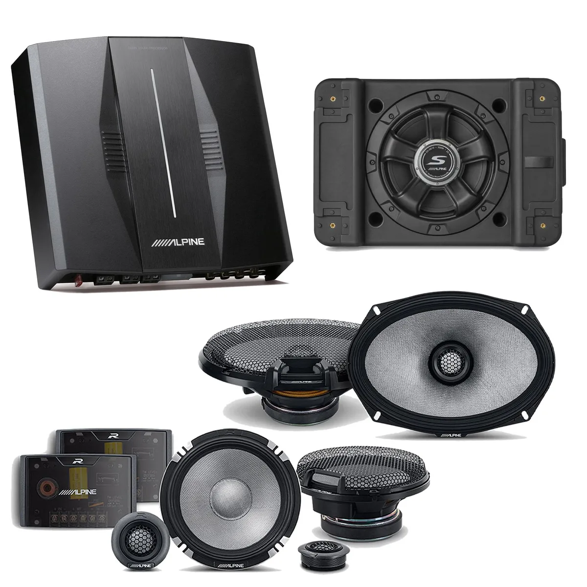 Alpine Alpine PXE-C80-88 OPTIM8 8-Channel Amplifier, SS-SB12 Subwoofer, R2-S652 &amp; R2-S69 Bundle — product photo