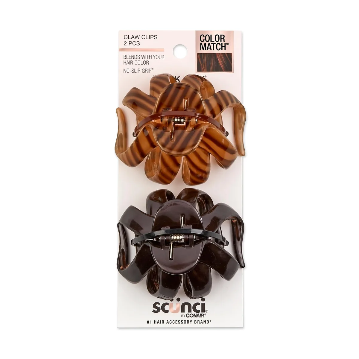 Two matte plastic octopus claw clips in black and tortoise shell finish