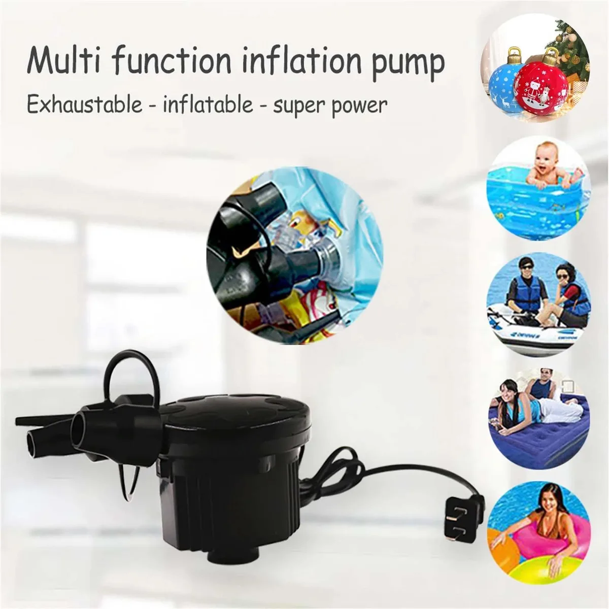 Compact black electric air pump with three detachable nozzles and coiled power cords