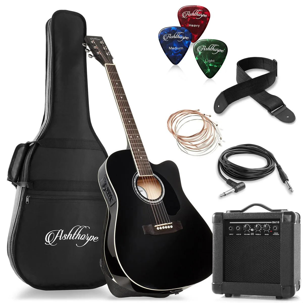 Ashthorpe Ashthorpe 41" Thinline Cutaway Acoustic-Electric Guitar Package with 10W Amp Black — product photo