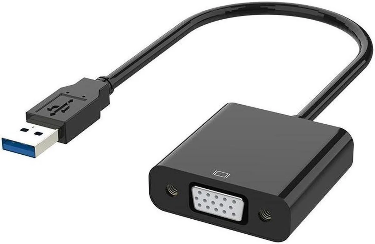 Small rectangular USB 3.0 to VGA adapter with blue USB plug and blue VGA port
