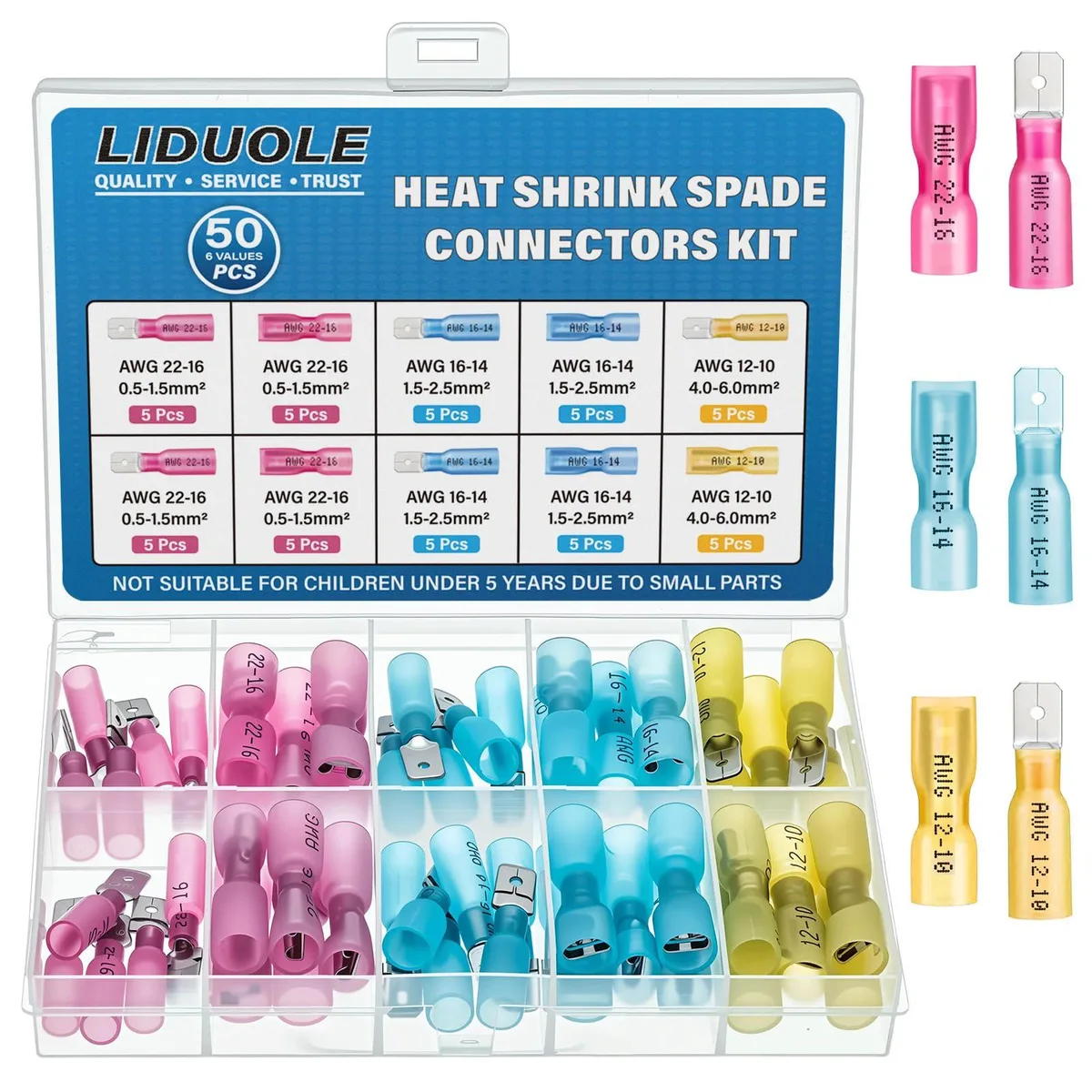 Liduole Heat Shrink Spade Connector Kit 22-10 AWG 50pcs Black — product photo