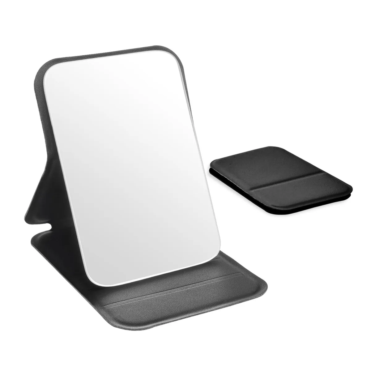 Compact black square folding mirror 3.9 by 2.7 inches with stand