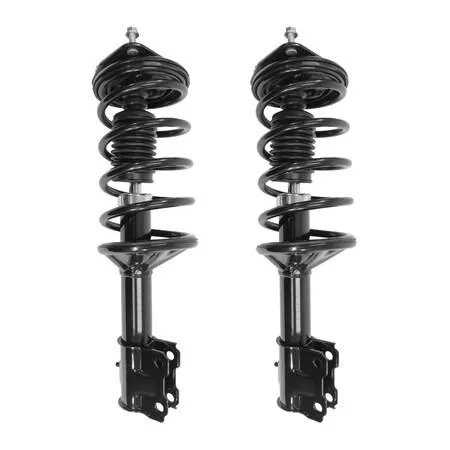 Pair of silver front strut assemblies with coil springs and top mounts