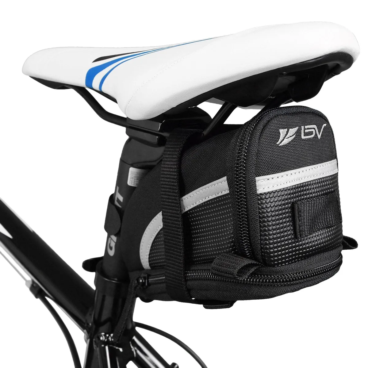 Black nylon saddle bag with reflective trim and taillight hanger, strap-on seat mount