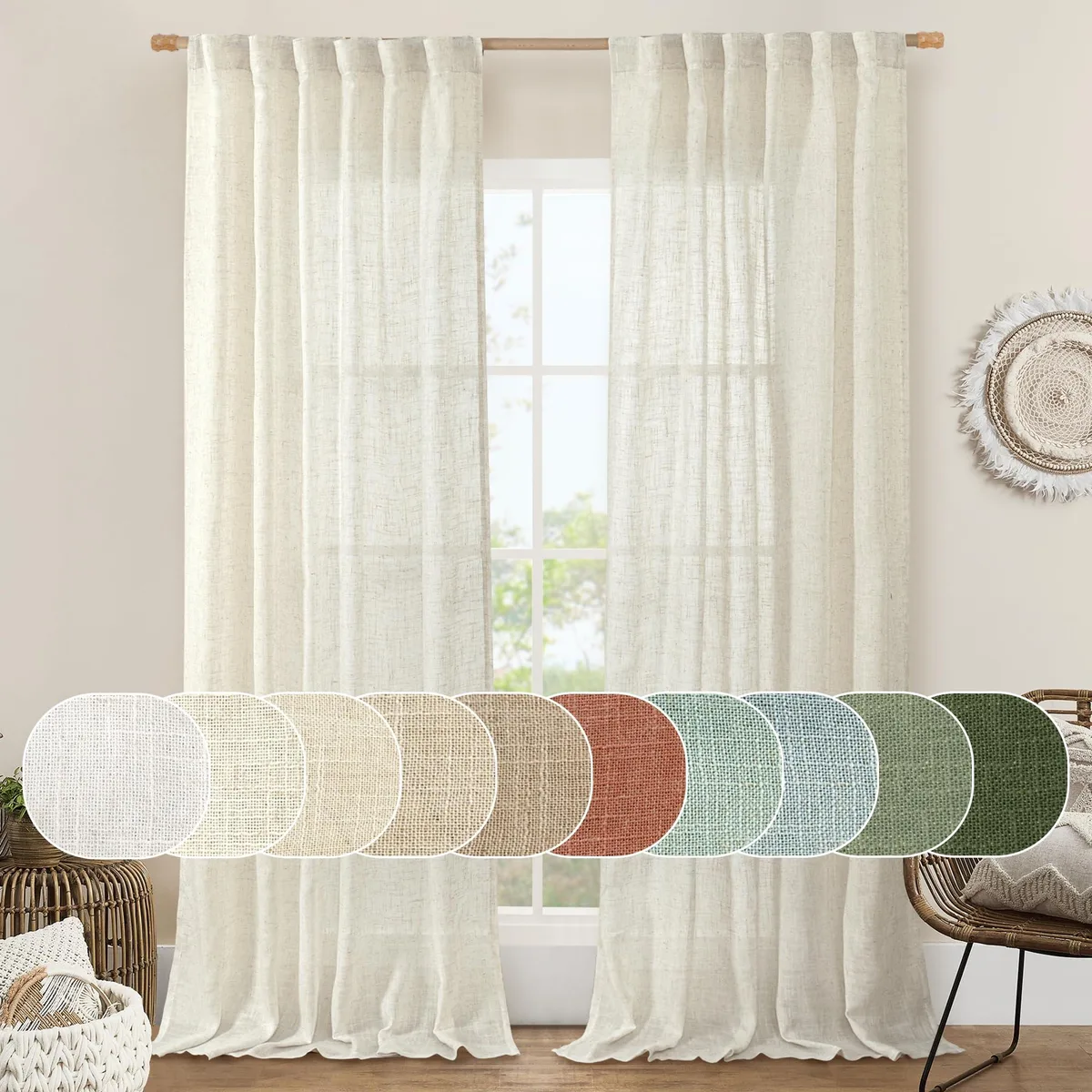 Two natural ivory linen blend panels, back tab and rod pocket, semi sheer texture