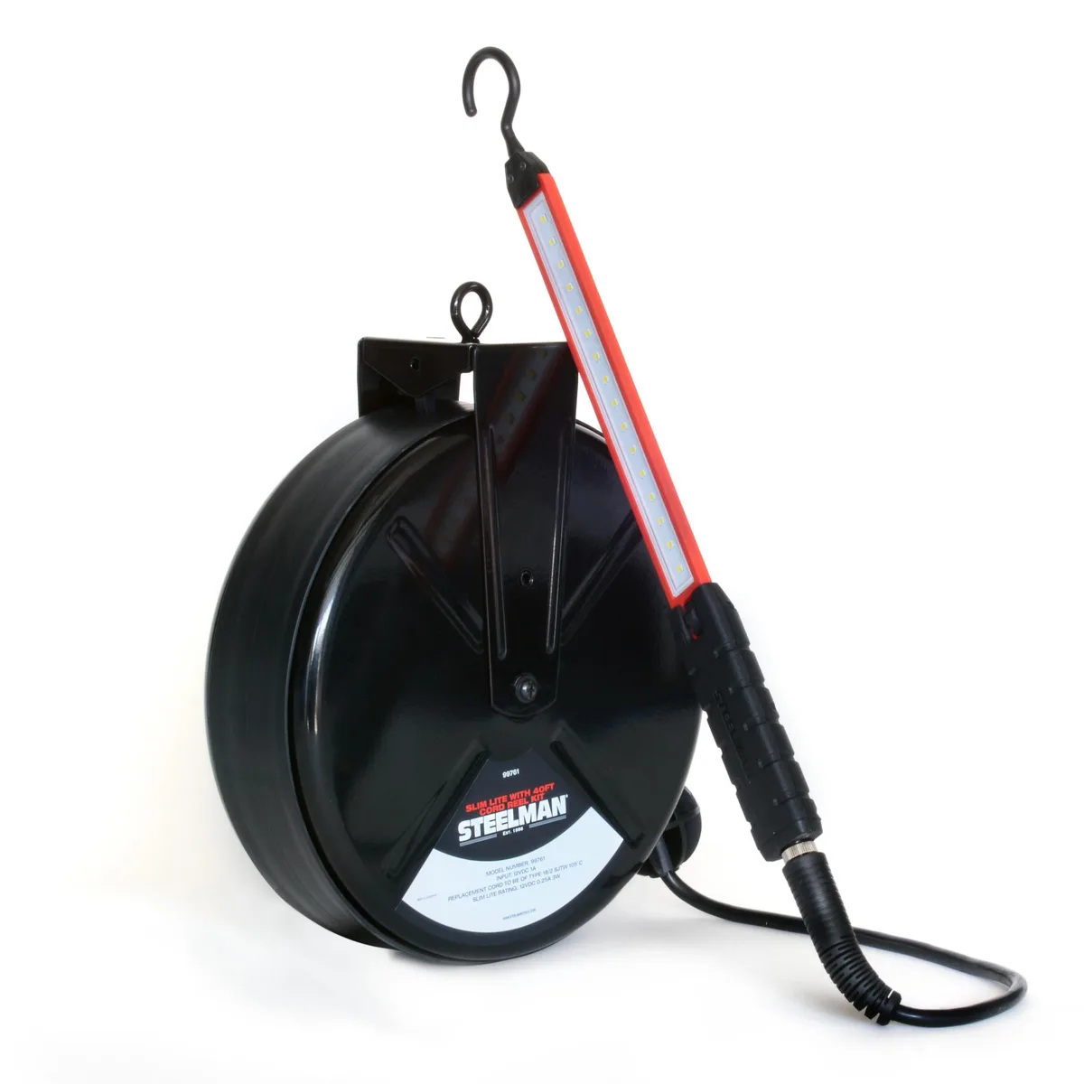 Yellow LED work light on a metal reel with 40-foot cord