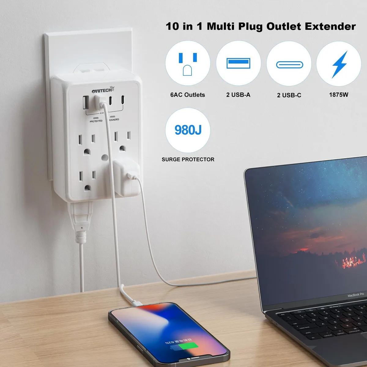 Oviitech 6 Outlet 4 USB (2C) 980J Surge Protector White 2 Pack — product photo