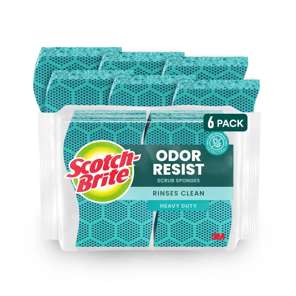 Six white rectangular scrub sponges in a clear pack