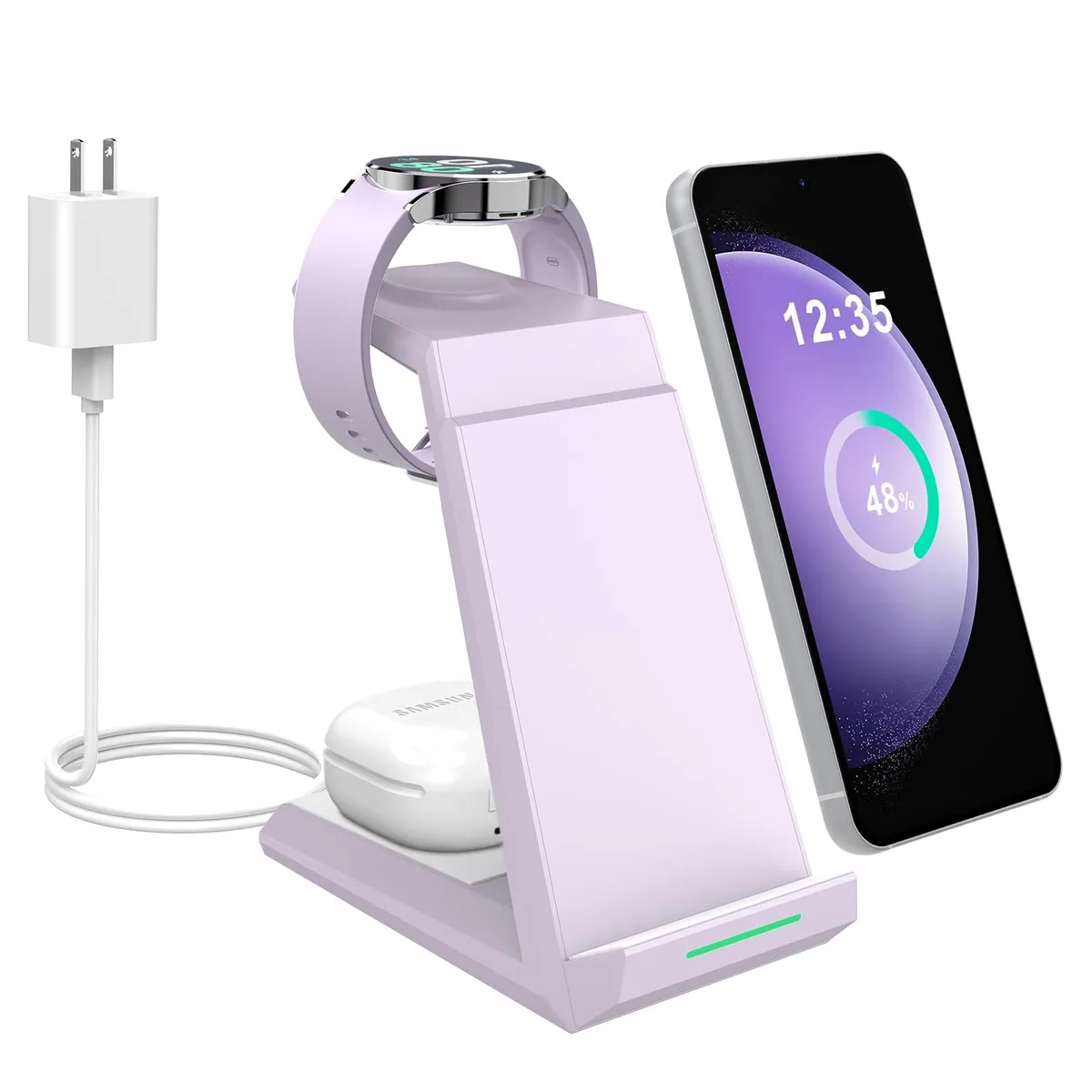 White three-in-one wireless charging stand with phone cradle, watch puck and earbud pad plus 20W USB-C adapter
