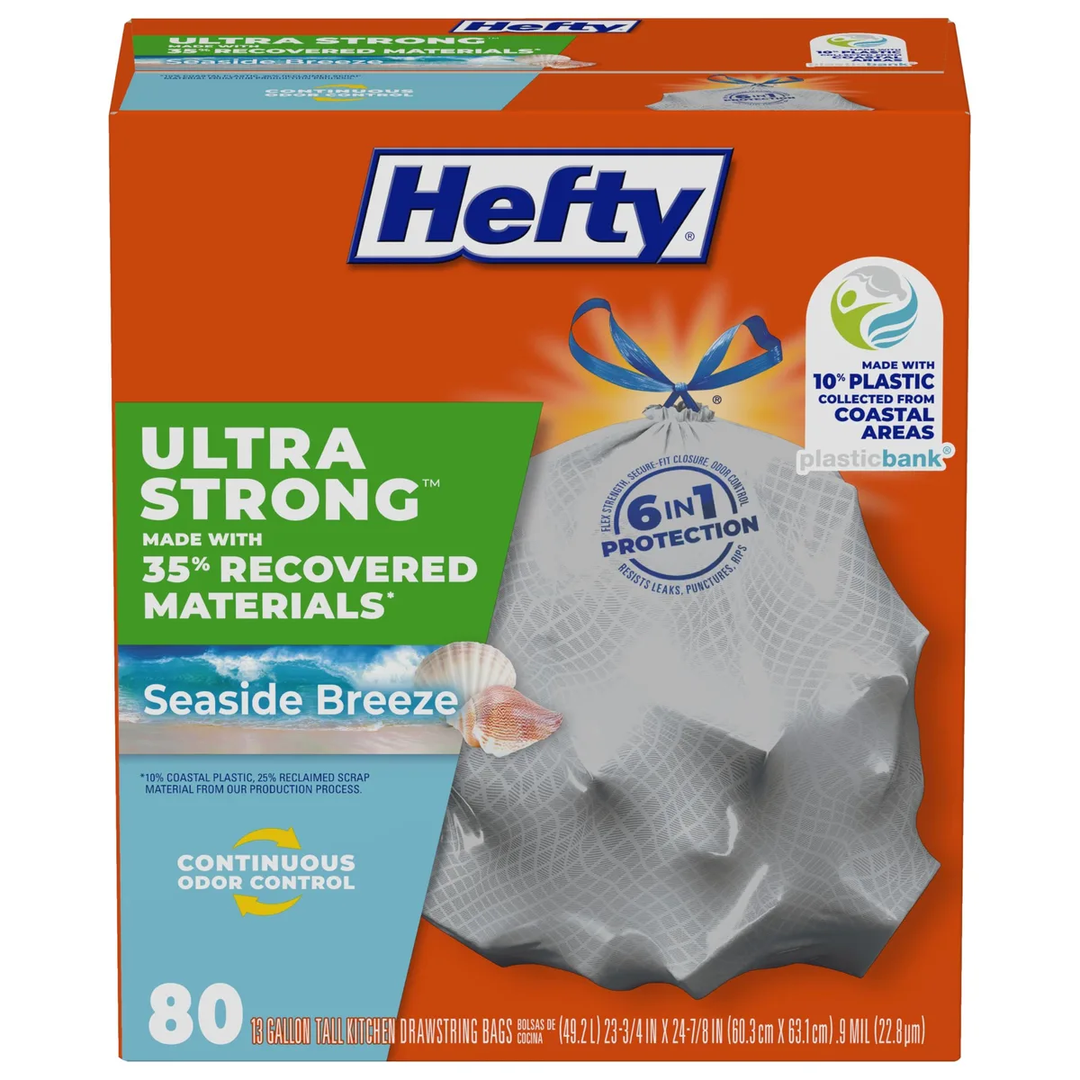 White rectangular box containing 80-count 13-gallon kitchen trash bags